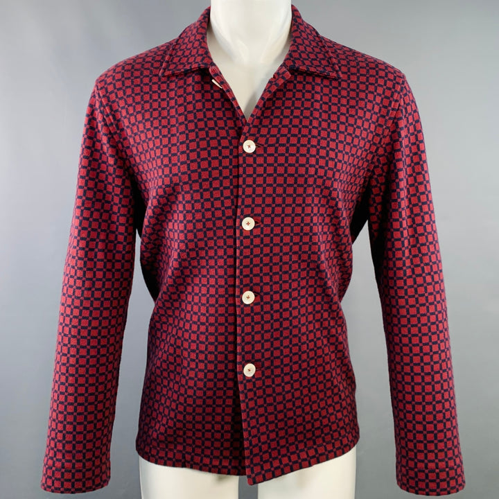 BODE Size S/M Red Navy Squares Cotton Knit Long Sleeve Shirt