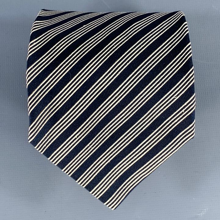 SALVATORE FERRAGAMO Navy White Diagonal Stripe Silk Tie