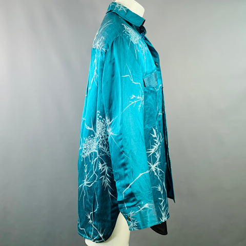 HAIDER ACKERMANN Size M Teal White Jacquard Linen Silk Layered Long Sleeve Shirt