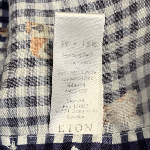 ETON Size M White Blue Checkered Cotton Curved Cutaway Long Sleeve Shirt