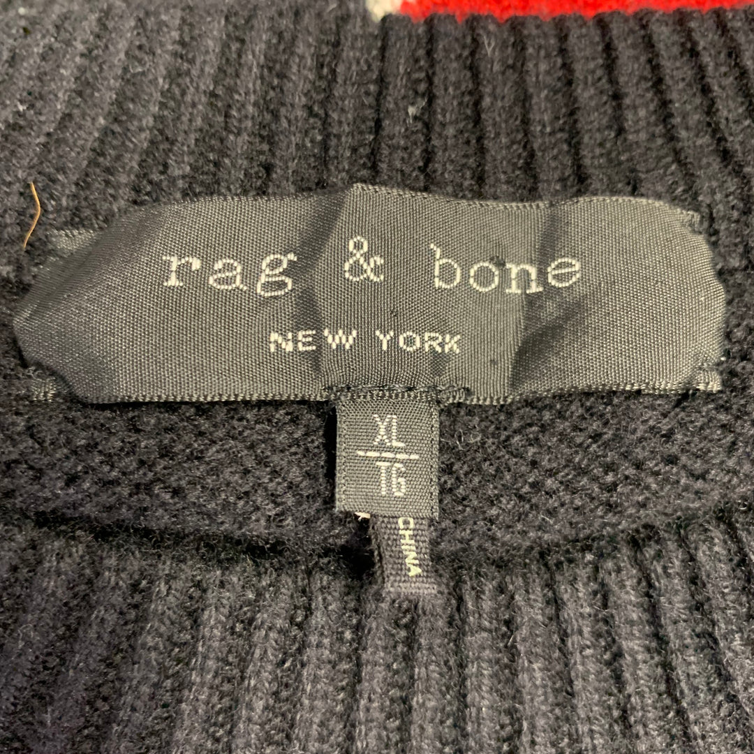 RAG & BONE Size XL Black Red Abstract Merino Wool Crew Neck Sweater