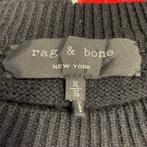 RAG & BONE Size XL Black Red Abstract Merino Wool Crew Neck Sweater