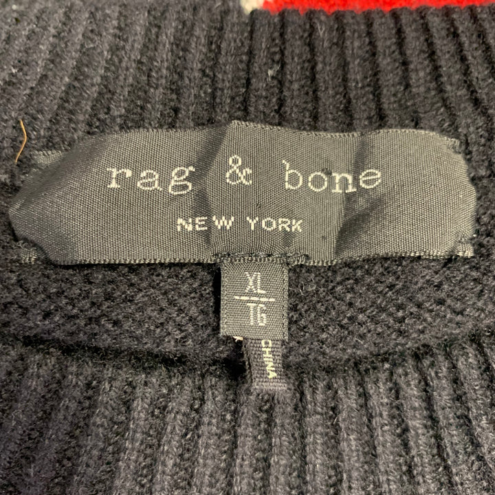 RAG & BONE Size XL Black Red Abstract Merino Wool Crew Neck Sweater