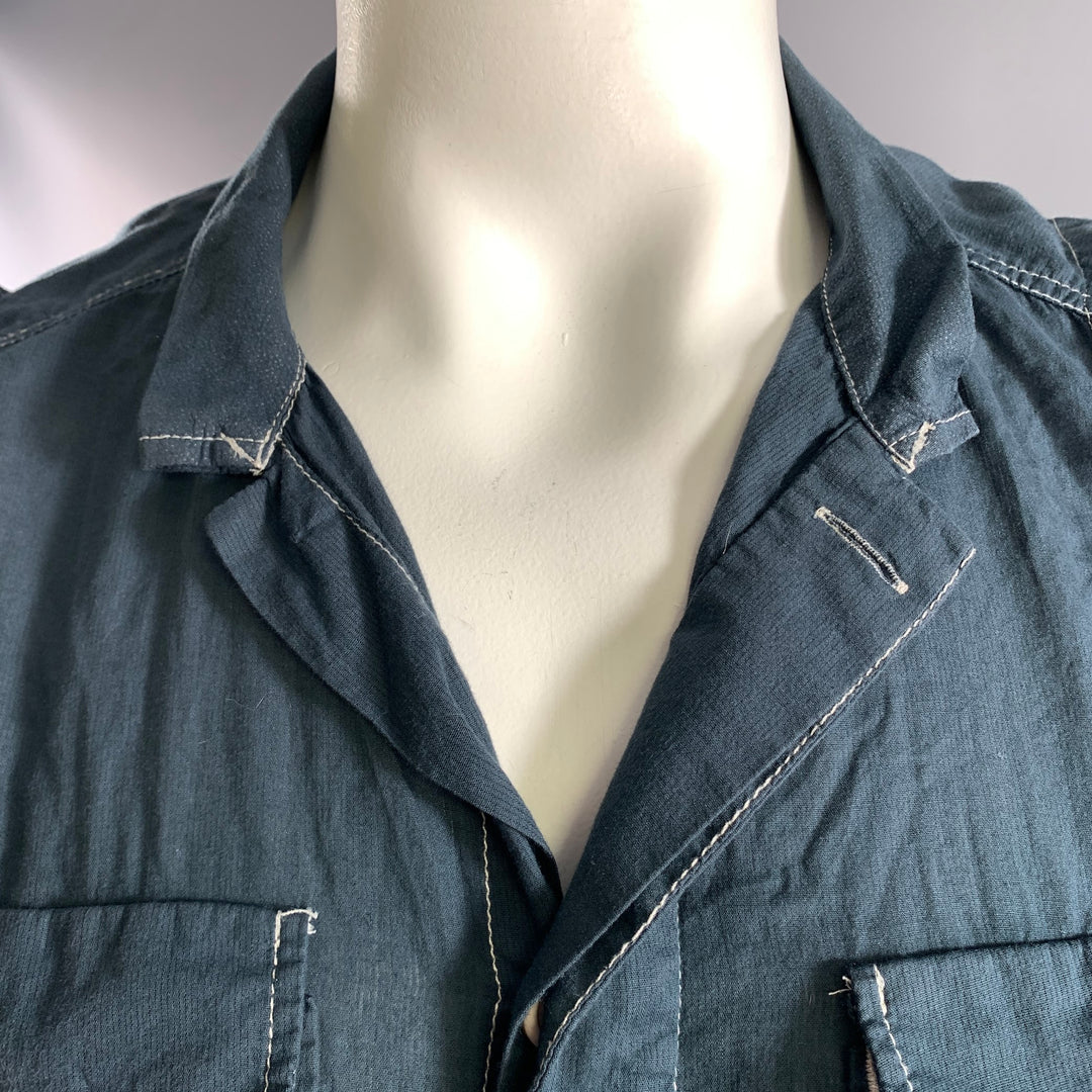 NICE COLLECTIVE Size XL Navy Contrast Stitch Cotton Zipper Sleeve Shirt