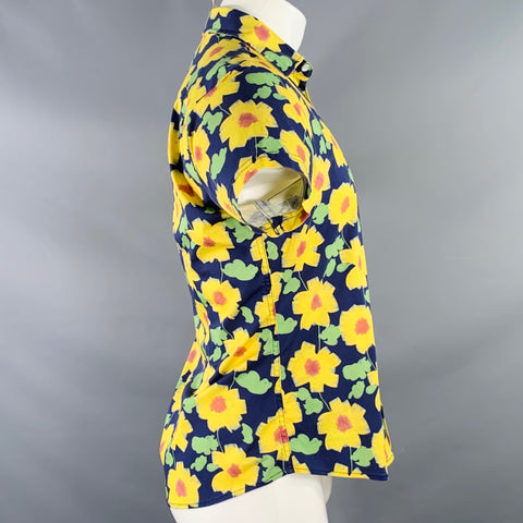 STEELE Size M Navy Yellow Floral Sunflowers Cotton Short Sleeve Shirt
