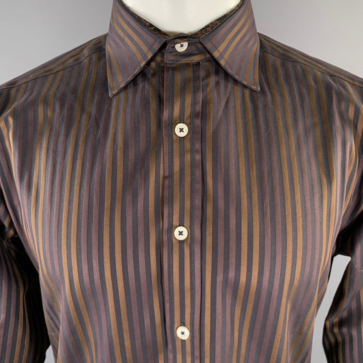 ENGLISH LAUNDRY Size S Brown Black Stripe Cotton Spread Collar Long Sleeve Shirt