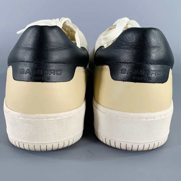 SANDRO Size 10 White Black Beige Color Block Leather Low Top Sneakers