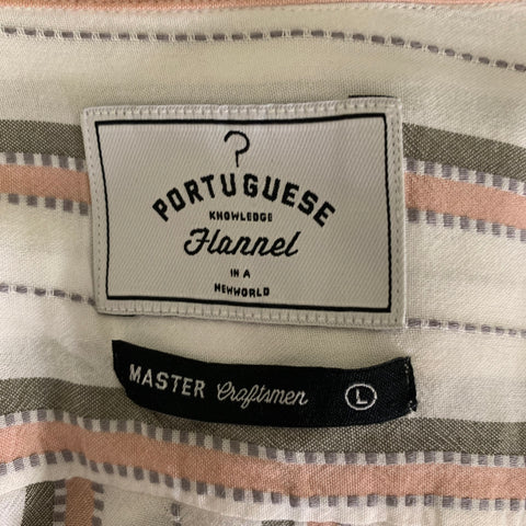 PORTUGUESE FLANNEL Size L Cream Olive Pink Stripe Viscose Short Sleeve Shirt
