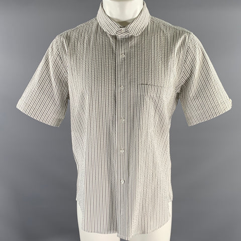 THOM BROWNE Size L White Grey Seersucker Stripe Cotton Club Collar Short Sleeve Shirt