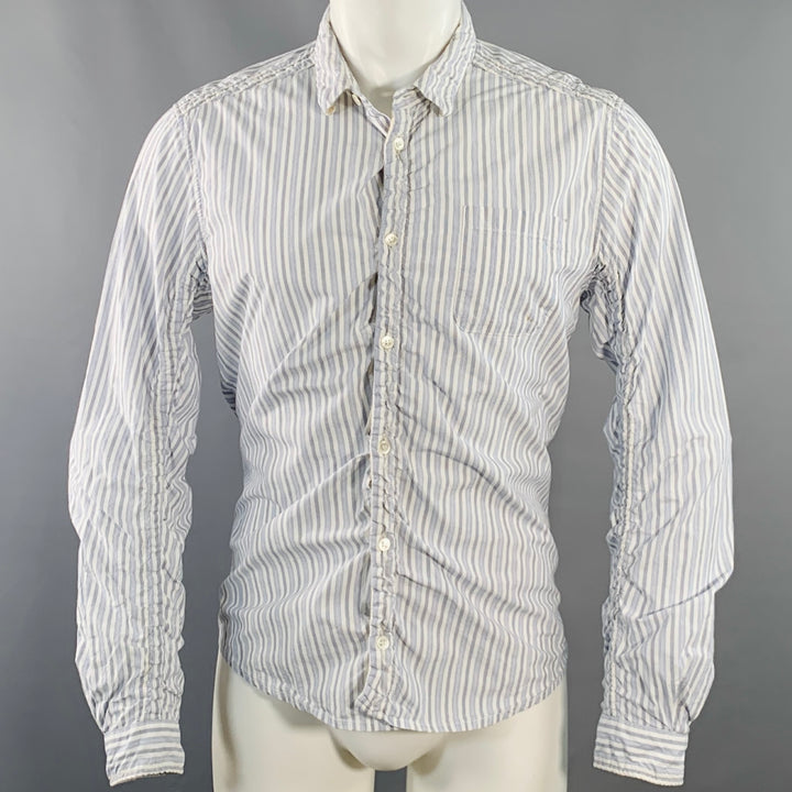 UNDERCOVER SS17 Size M White Blue Stripe Cotton Ruched One Pocket Long Sleeve Shirt