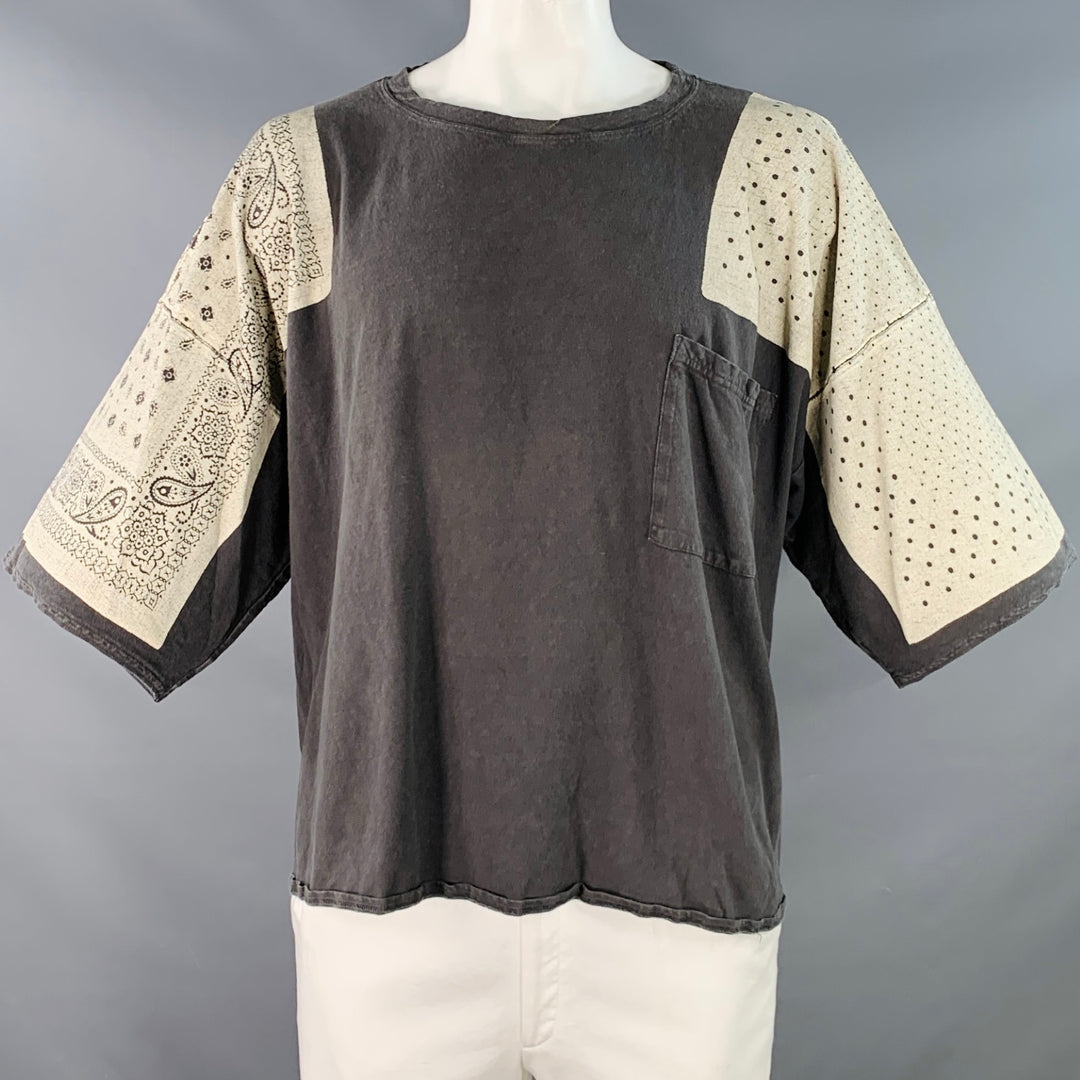 KAPITAL Size L Grey Cream Bandana Print Cotton One Pocket Oversized T-shirt