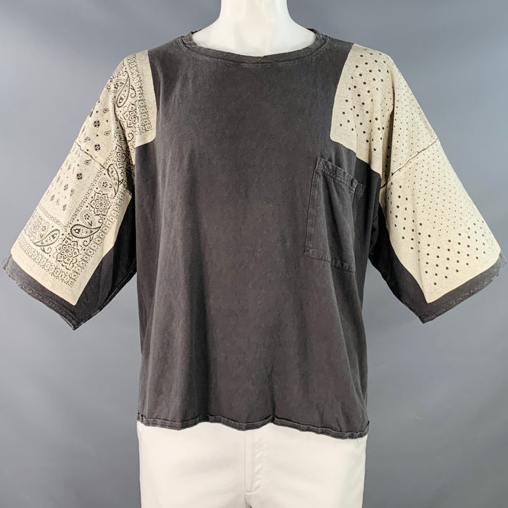 KAPITAL Size L Grey Cream Bandana Print Cotton One Pocket Oversized T-shirt
