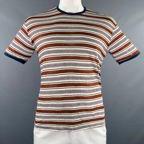 OUT/FIT Size XL Brown White Navy Stripe Linen Crew Neck T-shirt