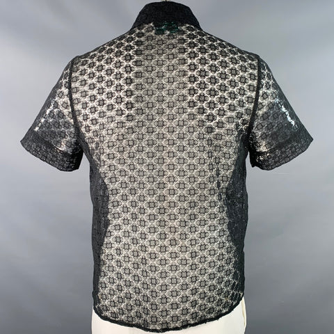CASABLANCA Size L Black Lace Hidden Placket Short Sleeve Shirt