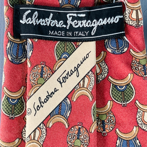 SALVATORE FERRAGAMO Red Multi Color Equestrian Silk Tie