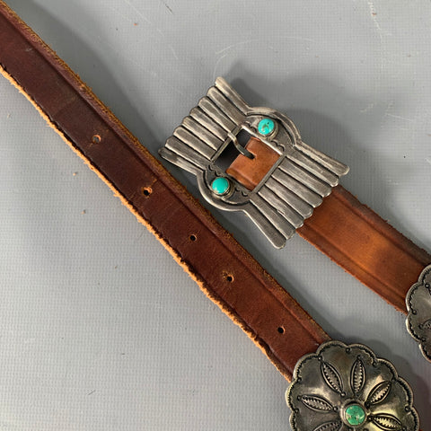VINTAGE Size M Brown Silver Leather Metal Turquoise Concho Belt