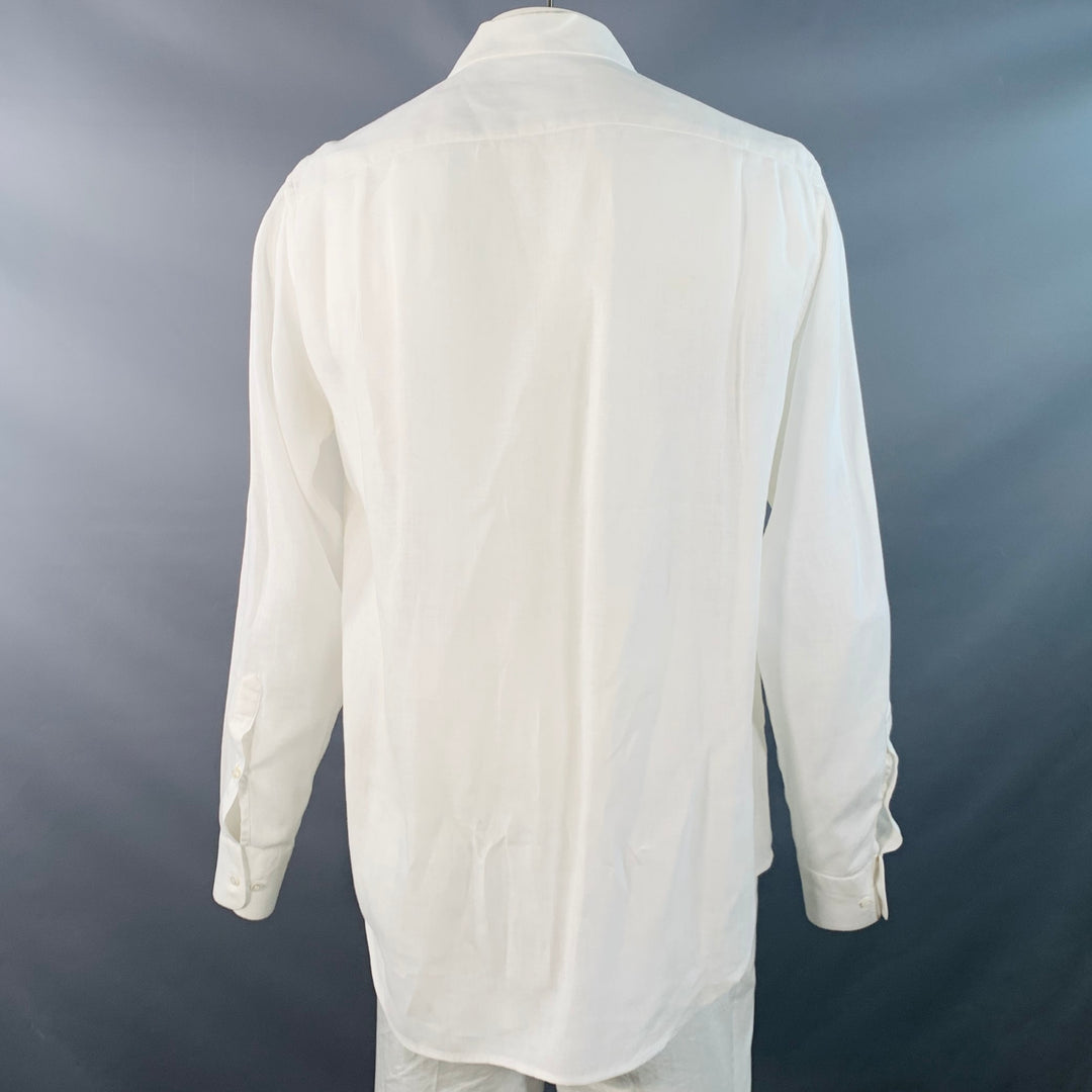 LORO PIANA Size L White Linen One Pocket Long Sleeve Shirt
