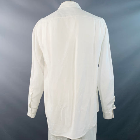 LORO PIANA Size L White Linen One Pocket Long Sleeve Shirt