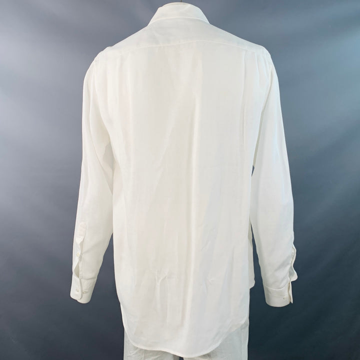 LORO PIANA Size L White Linen One Pocket Long Sleeve Shirt