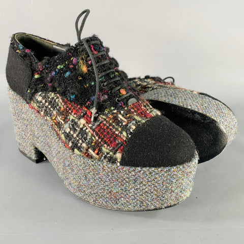 CHANEL Size 6.5 Black Red Grey Tweed Platform Oxford Flats