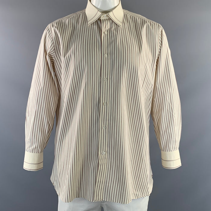 BRIONI Size XL Cream Red & Grey Stripe Cotton Button Up Long Sleeve Shirt