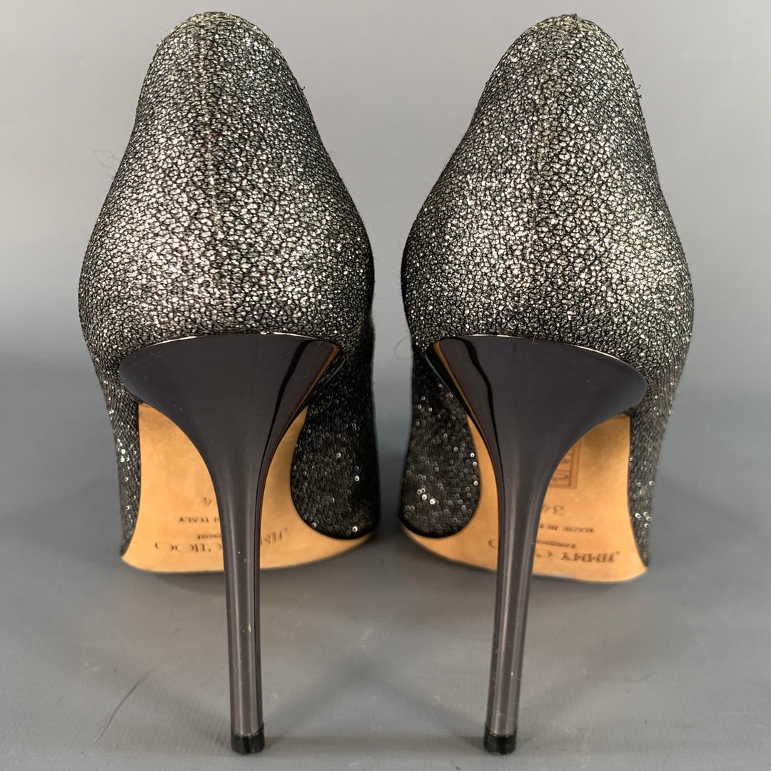 JIMMY CHOO Size 4 Silver Glitter Pointed Toe Stiletto Pumps