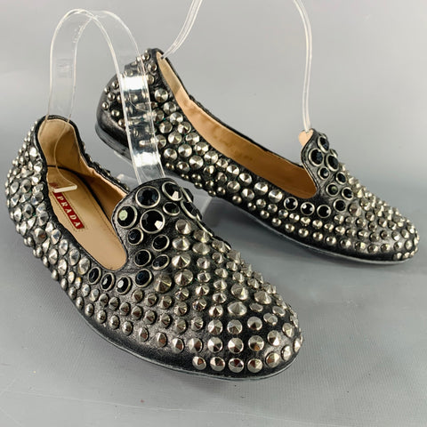 PRADA Size 7.5 Black Silver Leather Studded Slip On Loafers Flats