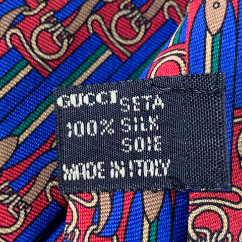GUCCI Blue Red Equestrian Stripe Silk Tie