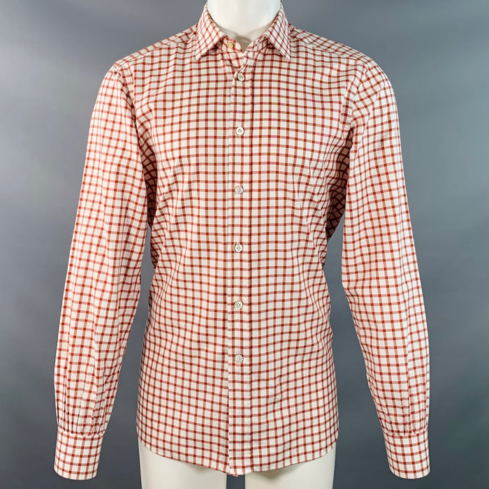 KITON Size M White Burgundy Checkered Cotton Curved Cutaway Long Sleeve Shirt