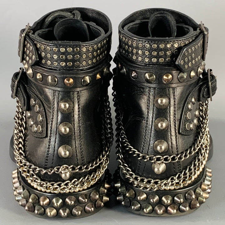 SAINT LAURENT Size 6.5 Black Studded Leather Lace-Up Belted Boots