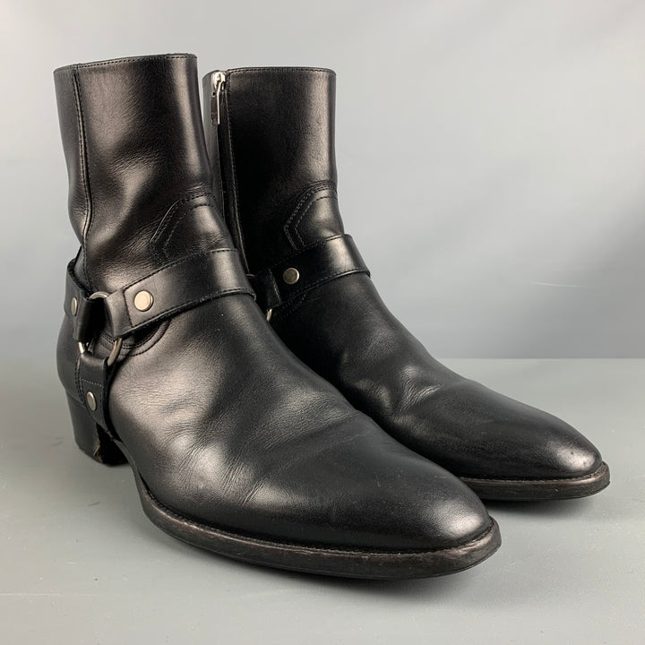 SAINT LAURENT Size 9 Black Leather Harness Boots