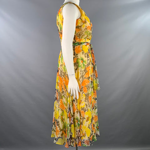 LAFAYETTE 148 Size 10 Yellow Multi Color Silk Chiffon Floral Sleeveless V-Neck Midi Dress