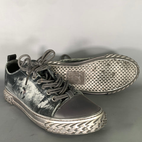 GIUSEPPE ZANOTTI Size 11 Charcoal Silver Velvet Low Top Sneakers