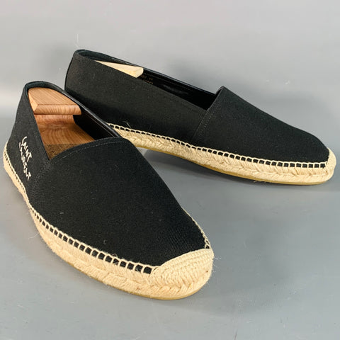 SAINT LAURENT Size 12 Black Natural Embroidered Logo Canvas Espadrille Sneakers