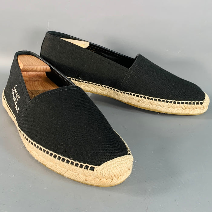 SAINT LAURENT Size 12 Black Natural Embroidered Logo Canvas Espadrille Sneakers