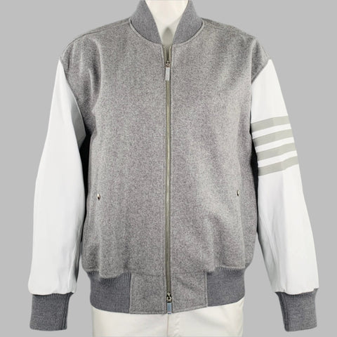 THOM BROWNE Size XL Grey White Mixed Materials Wool Varsity Jacket