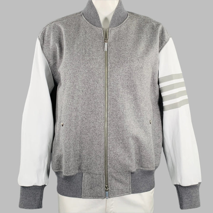 THOM BROWNE Size XL Grey White Mixed Materials Wool Varsity Jacket