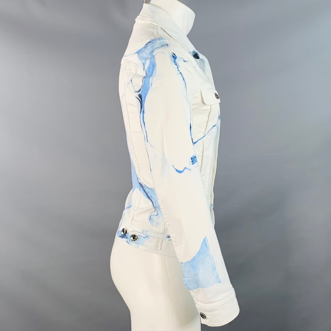 DOLCE & GABBANA Size 34 White Blue Marbled Denim Button Up Trucker Jacket