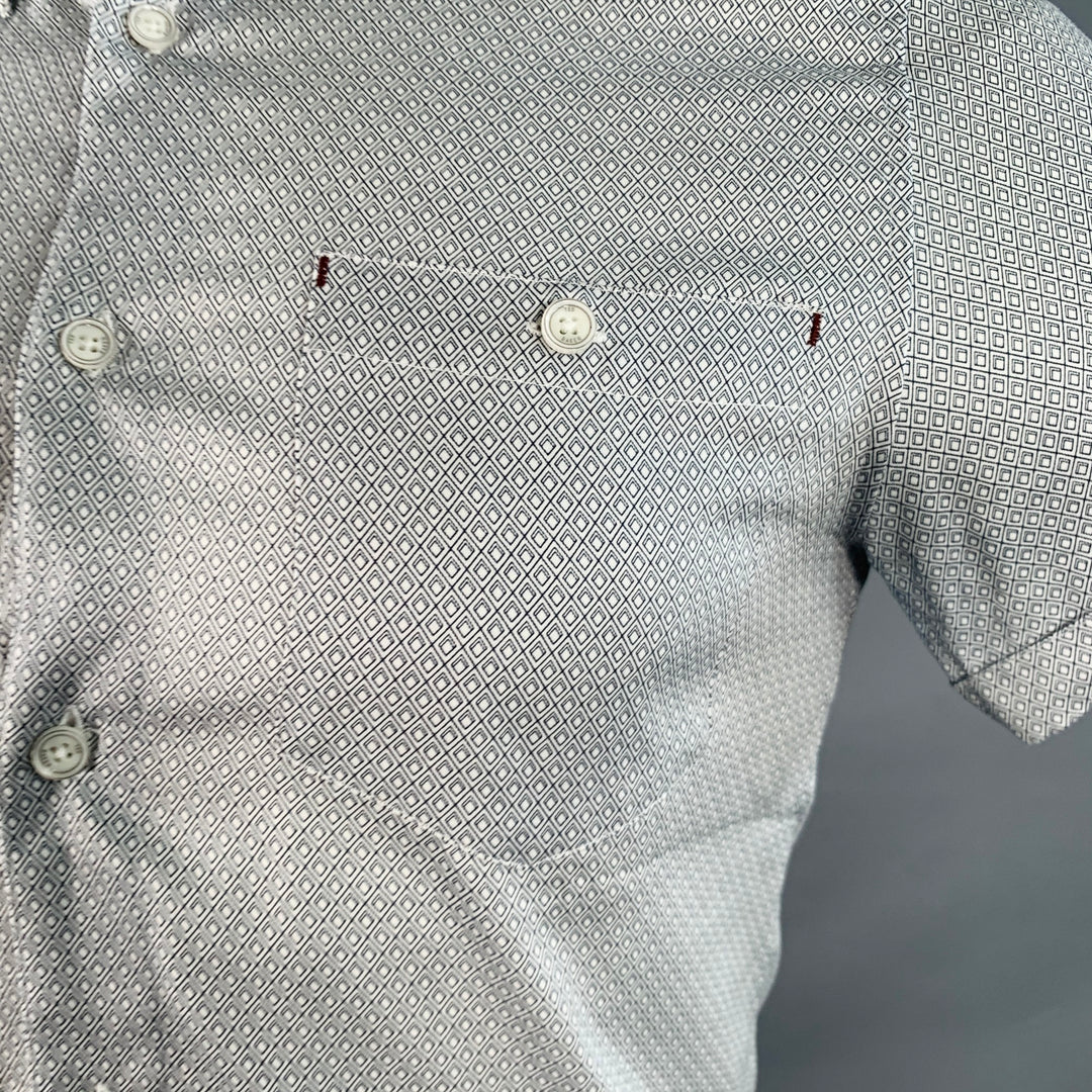 TED BAKER Size XS Donald White Navy Geometric Cotton One Pocket Short Sleeve Shirt