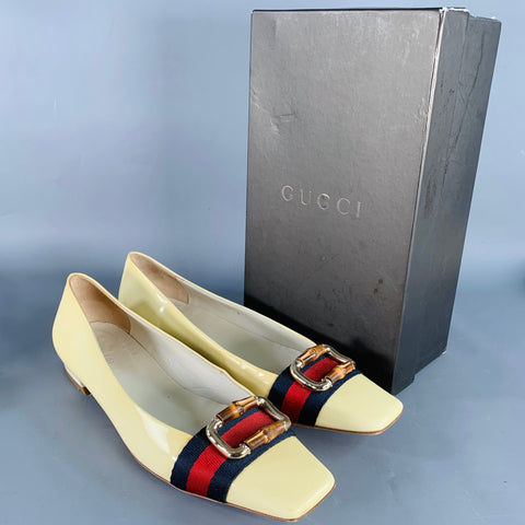 GUCCI Vintage Size 10 Vernice Beige Red Blue Patent Leather Web Bamboo Buckle Flats