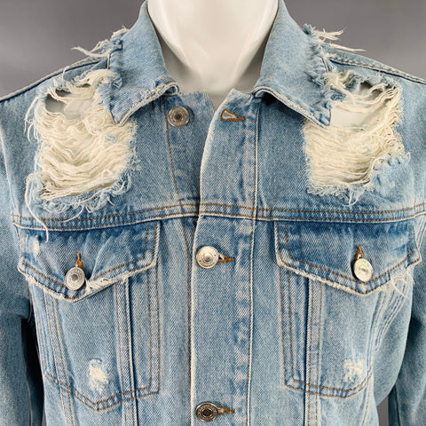 MSGM Size 40 Light Blue Distressed Denim Trucker Jacket