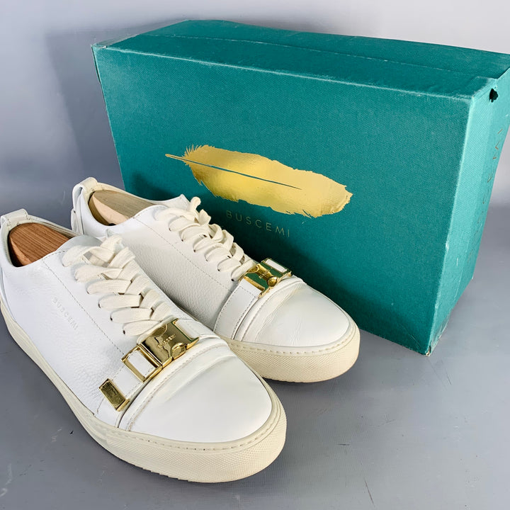 BUSCEMI Size 13 White Pebble Grain Leather Buckle Cap Toe Low Top Sneakers
