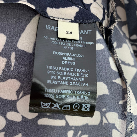 ISABEL MARANT Taille XS Robe Froncée Abstraite en Soie Mélangée Crème Bleu Marine