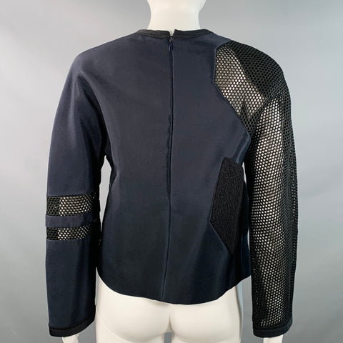 FENDI Fall 2014 Size 6 Navy Green Polyamide Blend Patchwork Back Zip Casual Top