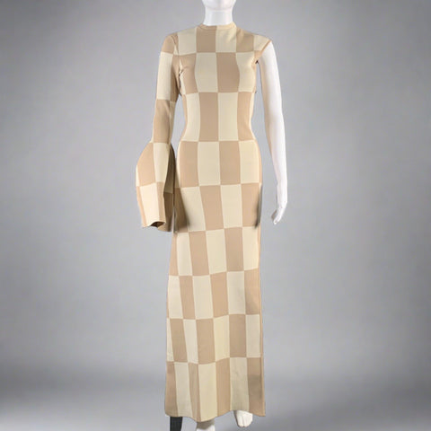 A.W.A.K.E.MODE Size XS Beige Camel Viscose Polyester Color Block Long Dress