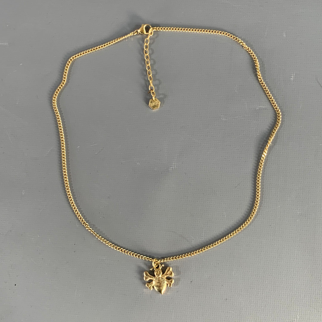 CHRISTIAN DIOR x STUSSY Gold Tone Skull Bee Pendant Necklace