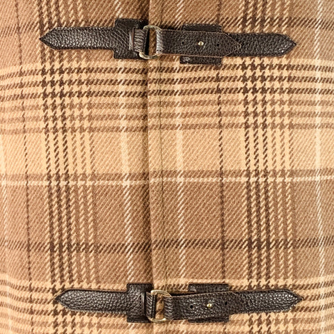 ELEVENTY Size 42 Tan Brown Glenplaid Wool Cashmere Leather Trim Toggle Coat