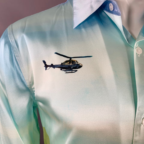 Chemise NAHMIAS à manches longues en soie imprimée multicolore paysage hélicoptère, taille S