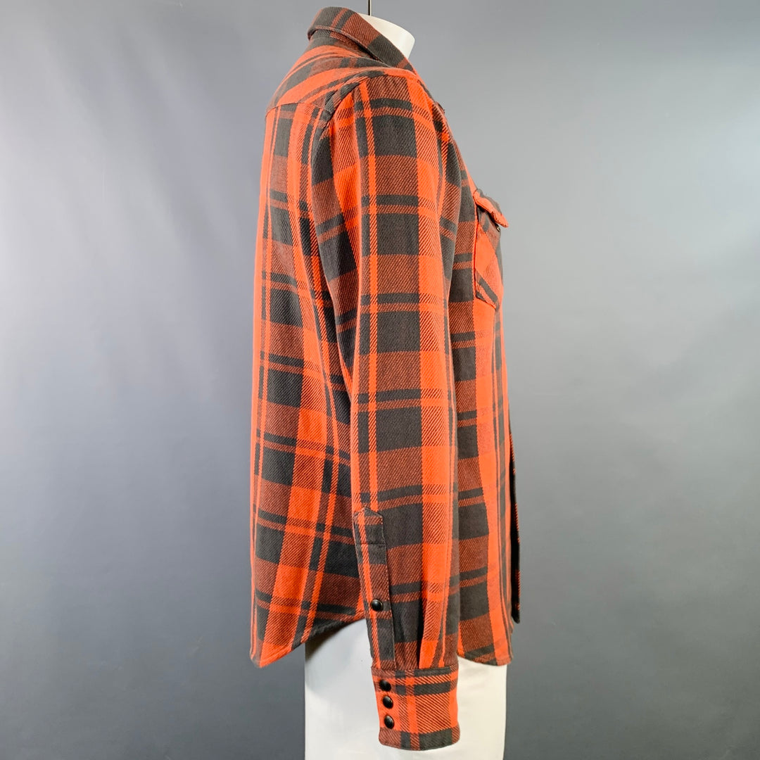 POLO by RALPH LAUREN Size L Orange Black Plaid Cotton Snaps Western Long Sleeve Shirt