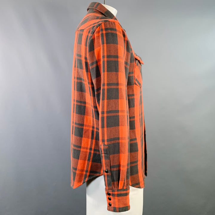POLO by RALPH LAUREN Size L Orange Black Plaid Cotton Snaps Western Long Sleeve Shirt